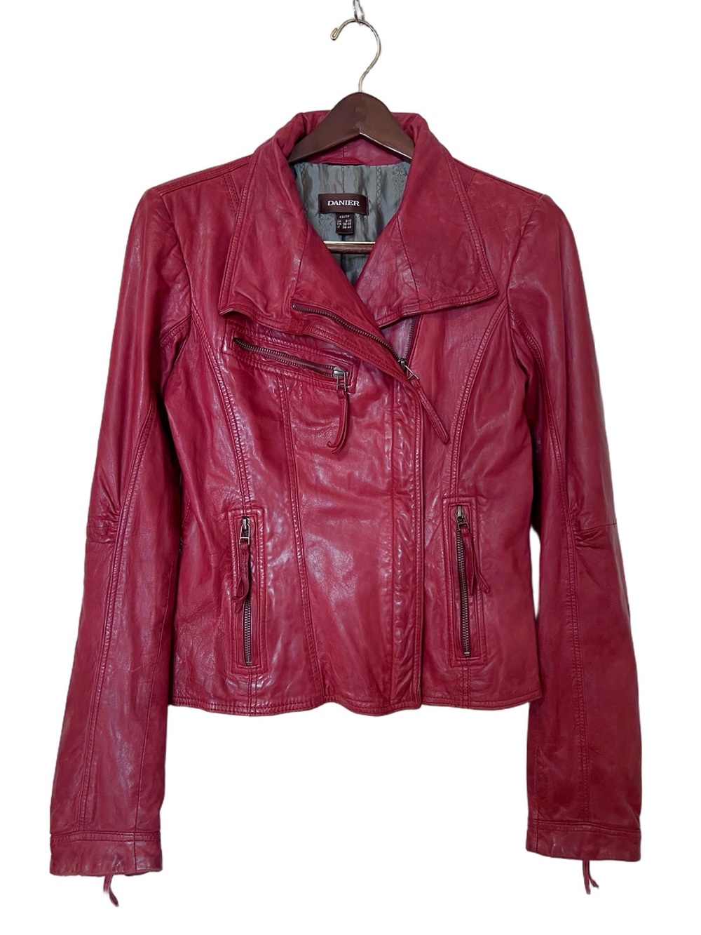 Vintage Danier Genuine Leather Red Full Zip Front Moto Jacket - Sz XS